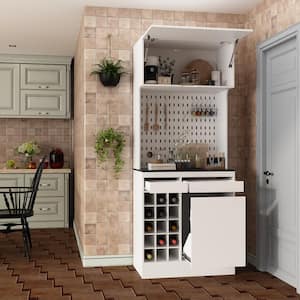 White Wood 31.5 in. W Buffet and Hutch Kitchen Storage Cabinet with Garbage Bin, Drawers, Wine Cube, Hook 78.7 in. H