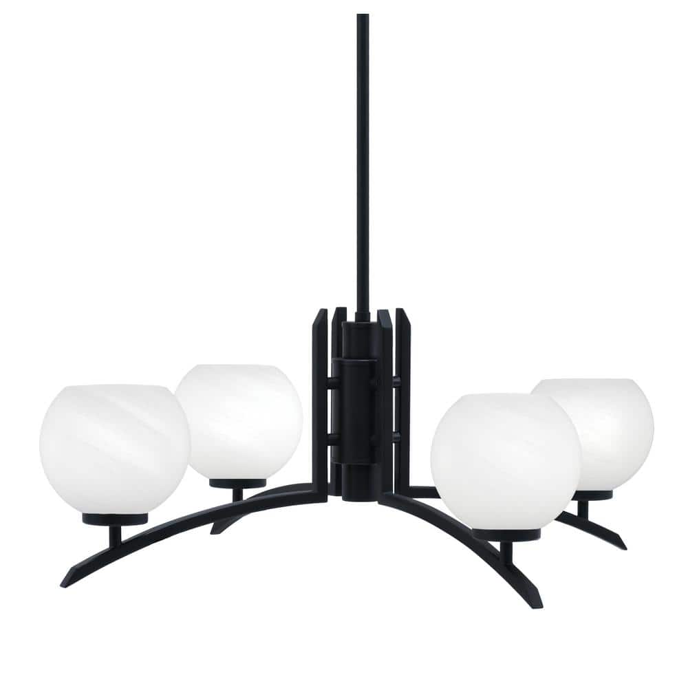 Siena 27.5 in. 4 Light Matte Black Chandelier with White Marble Glass Shade