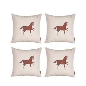Country Embroidered Horse Boho Set of 4 Throw Pillow Cover 18" x 18" Solid Beige & Brown Square for Couch, Bedding