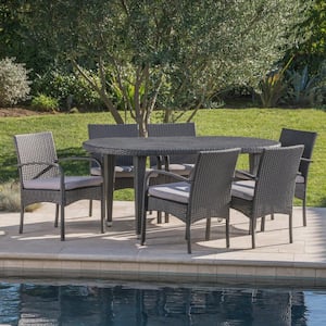 Kyle Grey 7-Piece Faux Rattan Outdoor Dining Set with Grey Cushion