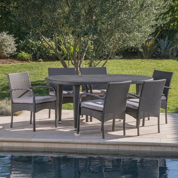 Noble House Kyle Grey 7-Piece Faux Rattan Outdoor Dining Set with Grey Cushion