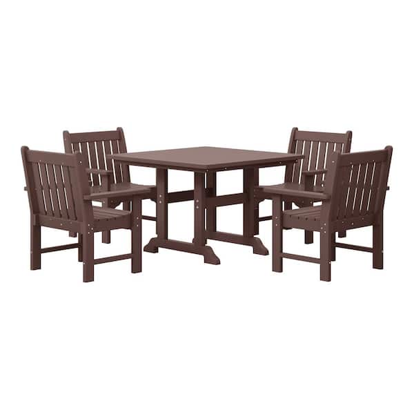 Laguna 5-Piece Outdoor Patio Poly Plastic Fade Resistant Garden Arm Chair &Square Trestle Table Dining Set in Dark Brown