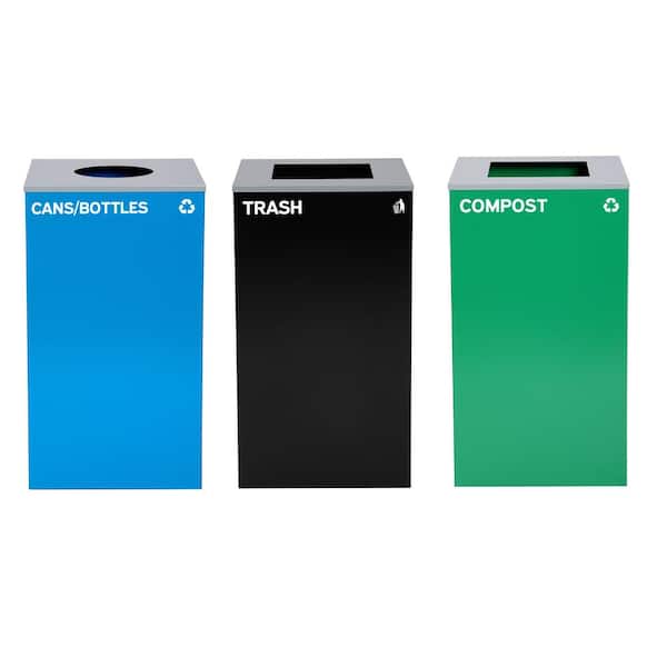 Alpine Industries 87 Gal. 3-Stream Black, Blue, Green Steel Outdoor Trash Can, Recycling Bin and Compost Station with Circle/Square Lids