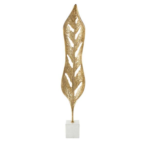 Litton Lane Gold Aluminum Metal Tall Textured Cutout Leaf Sculpture with White Marble Base
