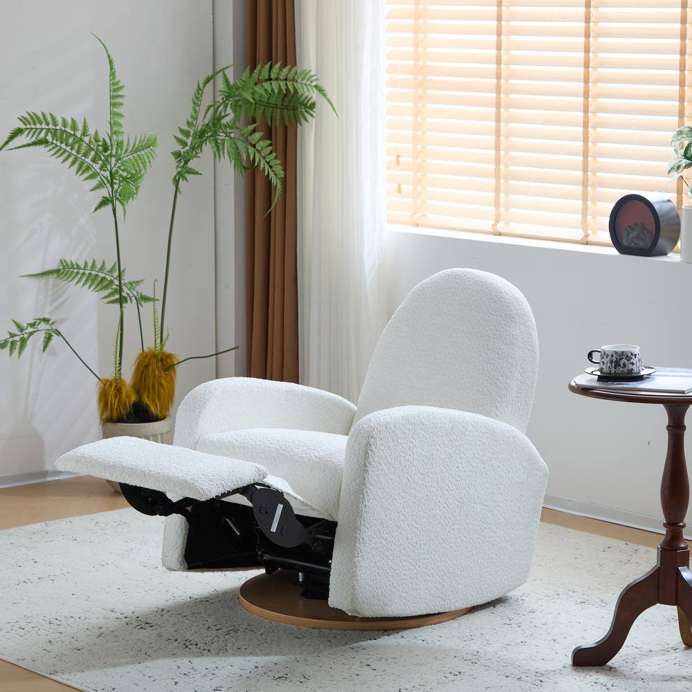Beige Boucle Swivel Glider Recliner with Manufactured Wood Base