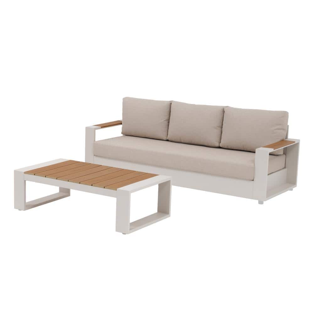 Aluminum Black Frame Outdoor 3-Seater Sofa & Coffee Table with Beige Cushions price history on PriceWatchPro