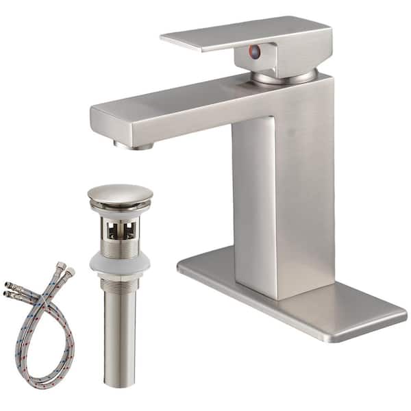 Lukvuzo Single Hole Single-Handle Low-Arc Bathroom Faucet with Deckplare and Drain Assembly in Brushed Nickel