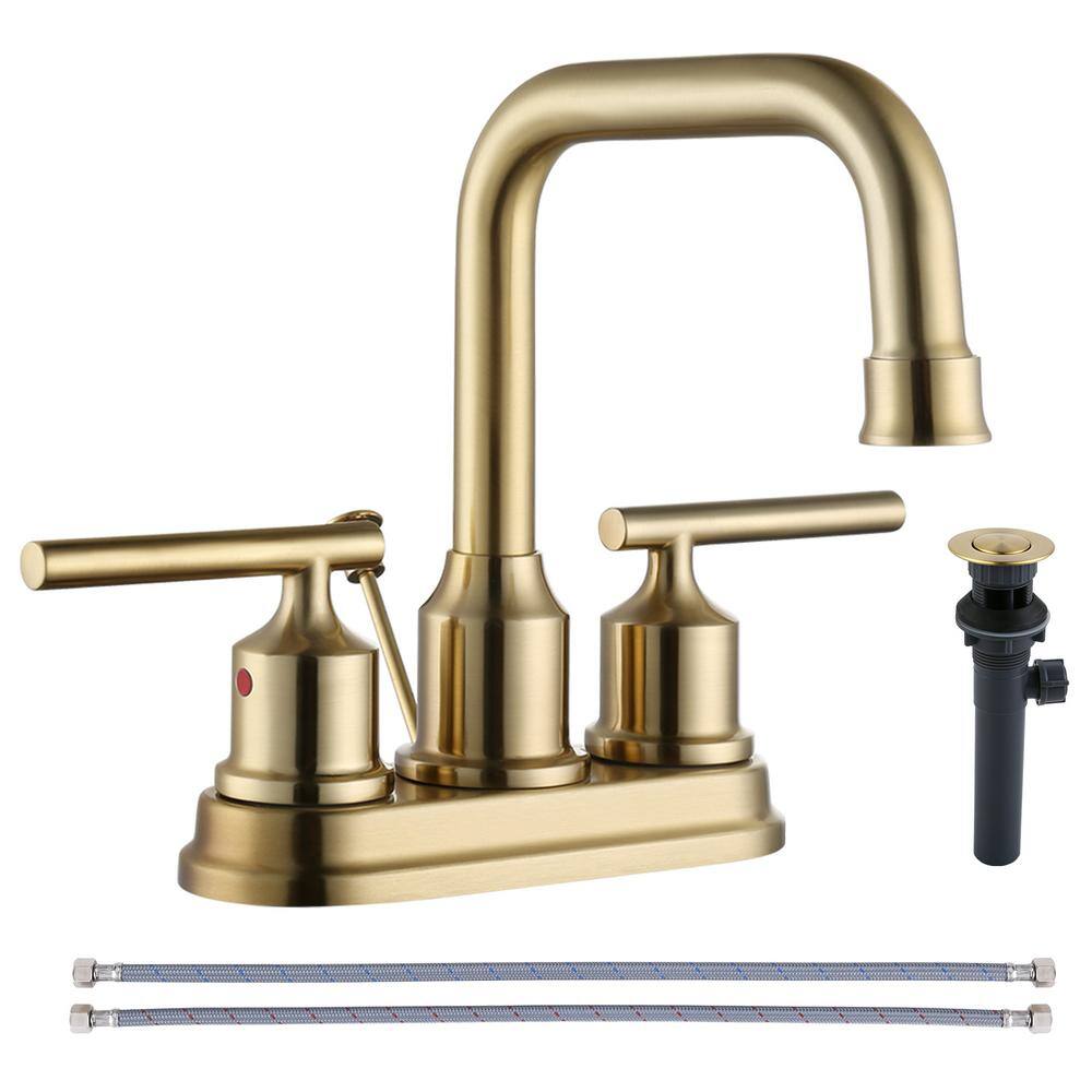 4 in. Centerset Double Handle High Arc Bathroom Faucet with Drain Kit and Supply Lines Included in Brushed Gold price history on PriceWatchPro