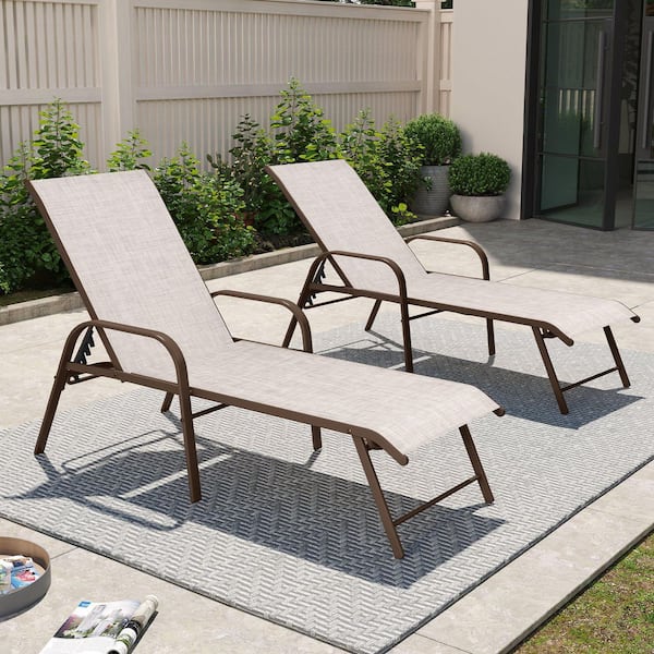 Crestlive Products 2-Piece Metal Outdoor Chaise Lounge Aluminum Lounge Chairs Backrest with 5-Adjustable Positions Textilene in Beige