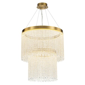 Liusu 1-Light Dimmable Integrated LED Brass Crystal Chandelier 2-Tier Hanging Light for Dining Room