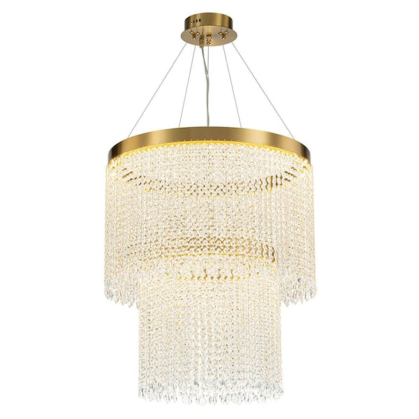 HUOKU Liusu 1-Light Dimmable Integrated LED Brass Crystal Chandelier 2-Tier Hanging Light for Dining Room