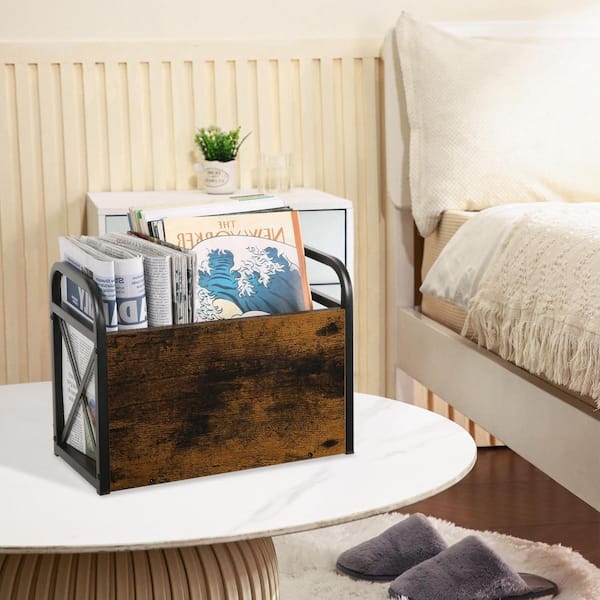 Brown 14.2 in. x 10.4 in. Wood Freestanding Magazine Rack