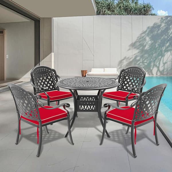 5-Piece Black Cast Aluminum Patio Outdoor Dining Set with Round Table and 4 Chairs with Red Cushions
