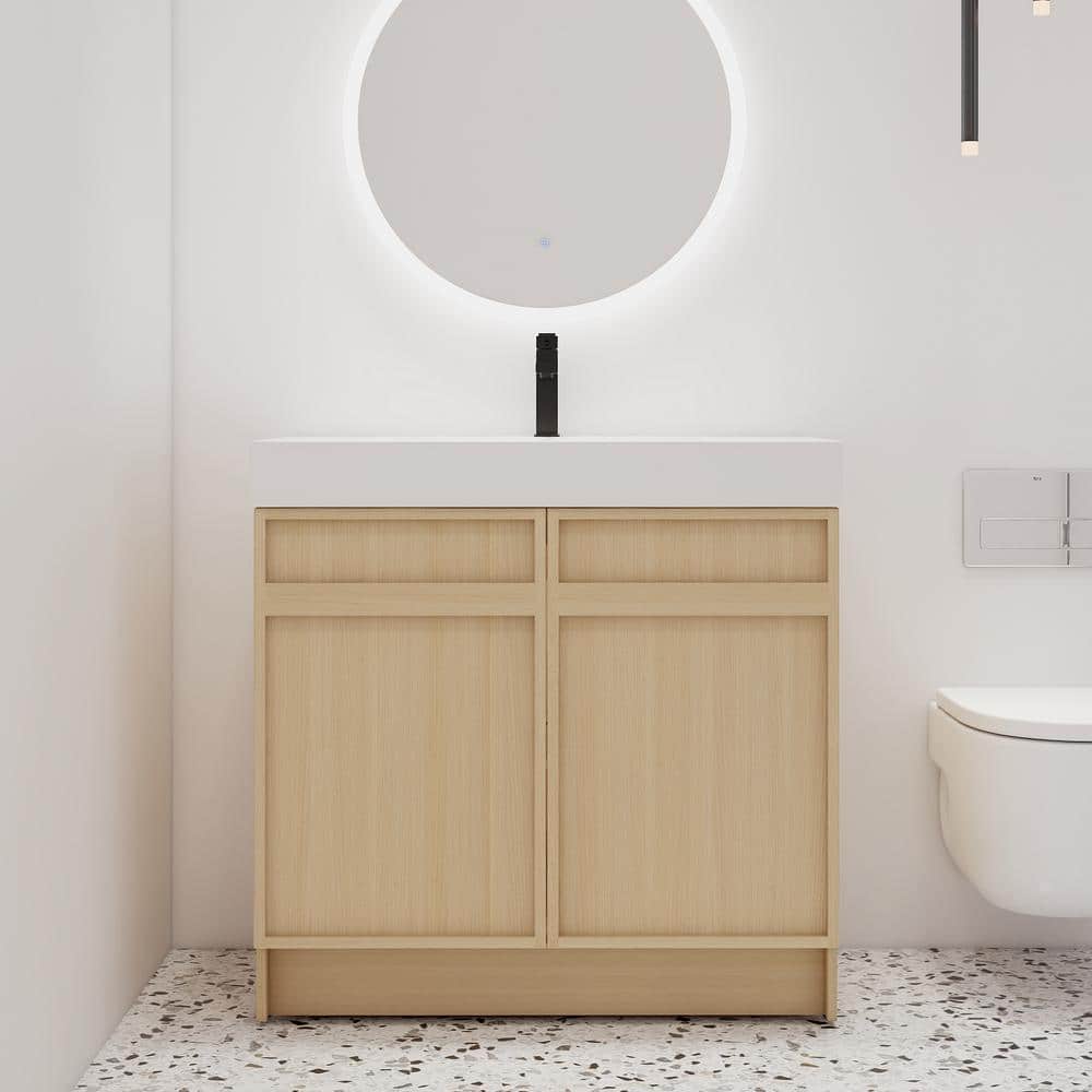 35.4 in. W x 19.7 in. D x 35.1 in. H Freestanding Oak Bath Vanity with Whit