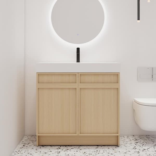 ARTCHIRLY 35.4 in. W x 19.7 in. D x 35.1 in. H Freestanding Oak Bath Vanity with White Resin Vanity Top
