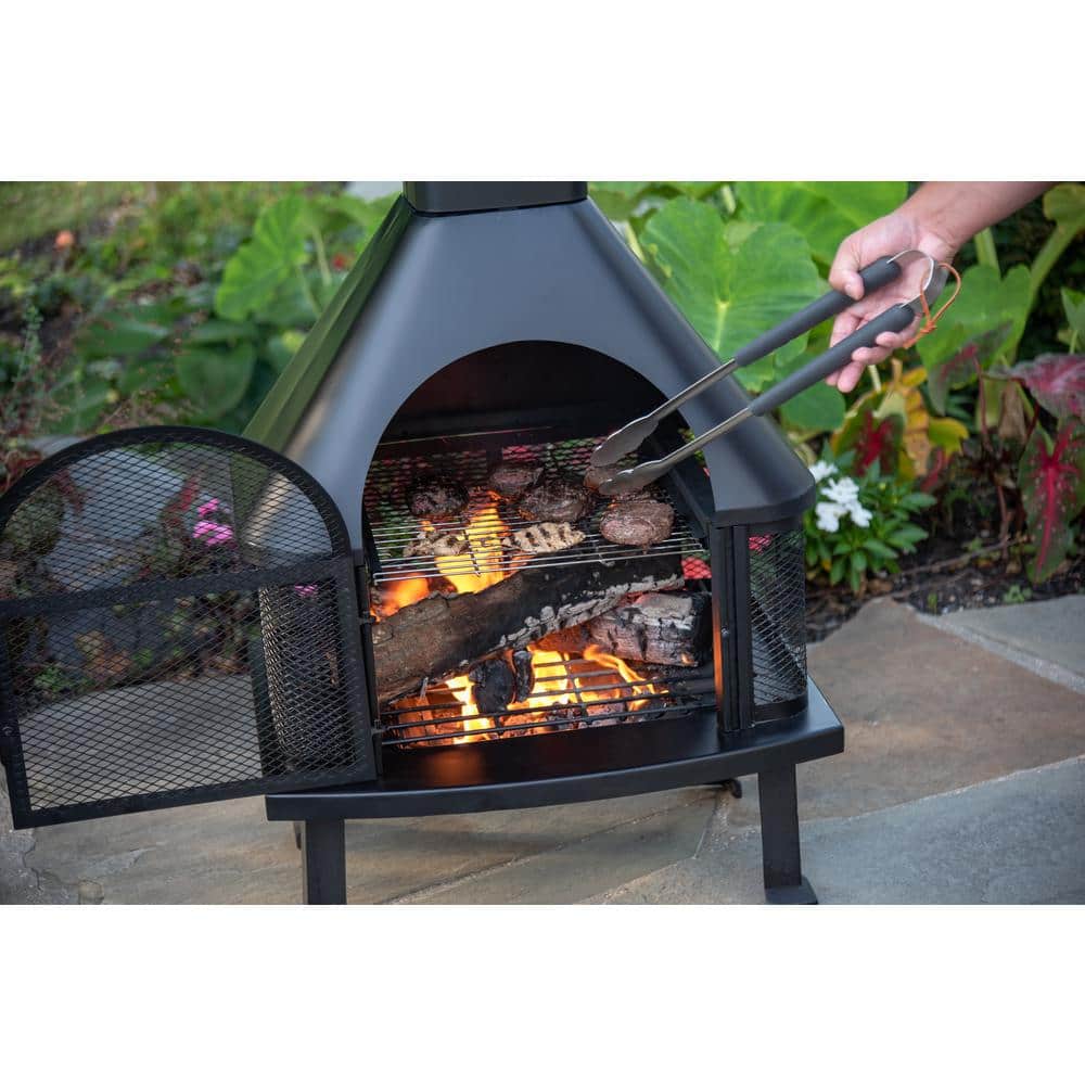 Black Steel Free-Standing Wood Burning Chimenea Fire Pit
