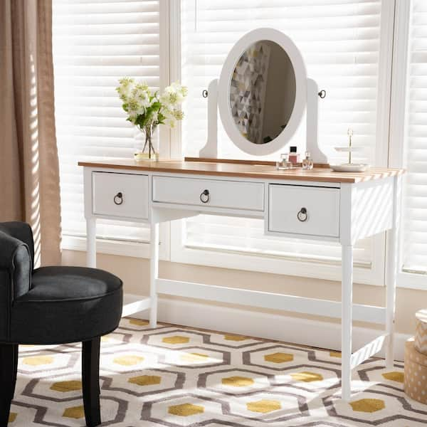 Baxton Studio Sylvie White 3-Drawer Wood Vanity Table with Mirror