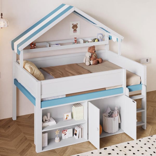 White and Blue Full Size Wood Loft Bed with Canopy Roof and Storage Cabinet, Bookshelves