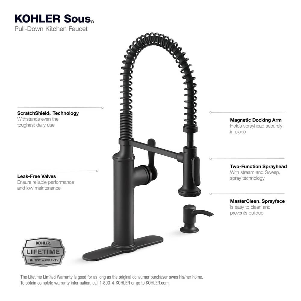 Matte Black Industrial Pull Down Kitchen Faucet with Soap Dispenser