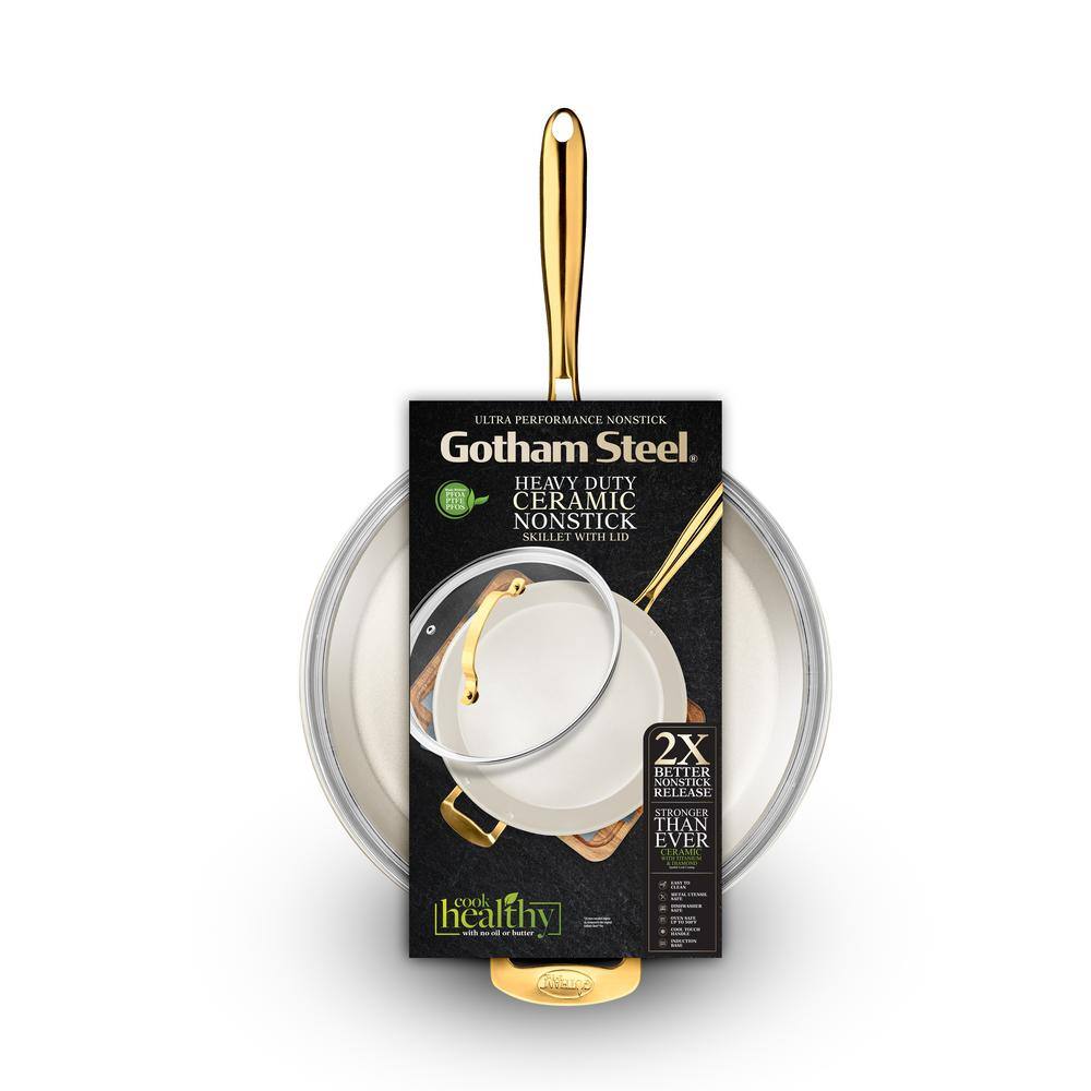 Gotham Steel Cream 14'' Ultra Nonstick Ceramic Family Pan with Lid and Gold Handles