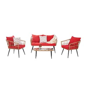 4-Piece Outdoor Rattan Wicker Conversation Set Garden Sofa Set with Coffee Table and Red Cushions