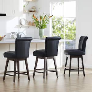 Dennis 26 in. Black High Back Solid Wood Frame Swivel Counter Height Bar Stool with Faux Leather Seat(Set of 3)