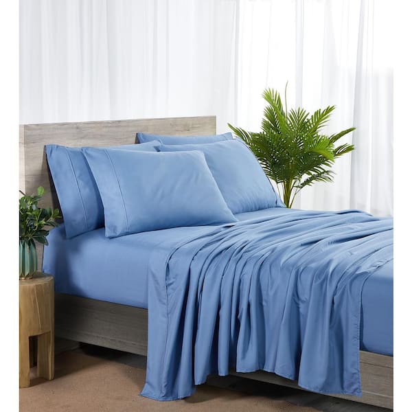 BIBB HOME 2000 Count 6-Piece Ocean Blue Solid Rayon from Bamboo Full Sheet Set
