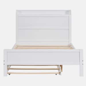 White Wood Frame Full Size Platform Bed with Storage Headboard and Twin Size Trundle