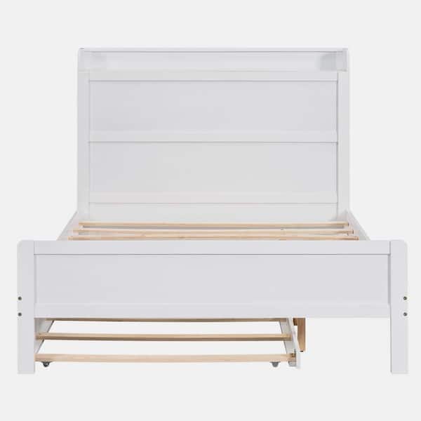 wetiny White Wood Frame Full Size Platform Bed with Storage Headboard and Twin Size Trundle