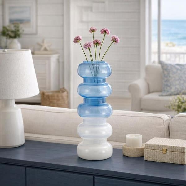 Liv & Skye 17 in. Blue Glass Cylinder Accordion Decorative Vase 17568-02