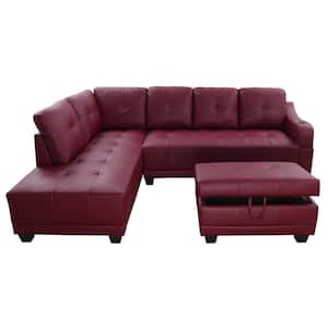 Bill 90 in. Round Arm 3-Piece Faux Leather L-Shaped Sectional Sofa in Red