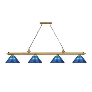 Cordon 4-Light Rubbed Brass Billiard Light with Dark Blue Acrylic Shade with No Bulbs Included
