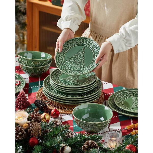 JFVKAF 6-Piece Christmas Tree Embossed Green Ceramic Salad Plate