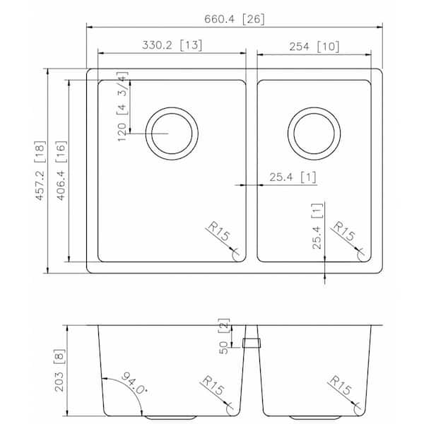 Undermount Stainless Steel 26 In 75 25 Double Bowl Kitchen Sink In Chrome 16gs The Home Depot