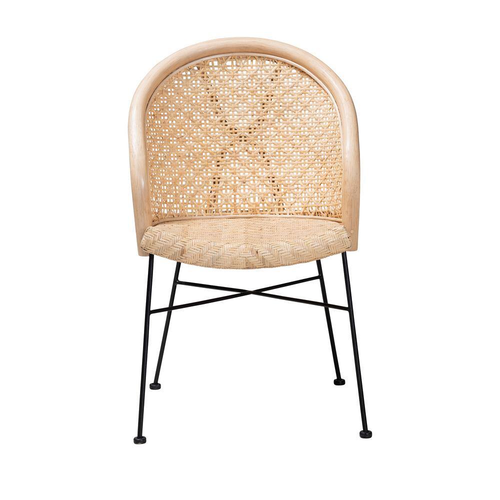 Natural Brown Rattan and Black Metal Dining Chair