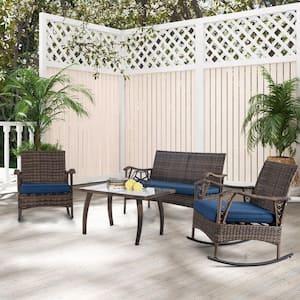 4-Piece Wicker Rocking Set Patio Conversation Set with Navy Cushions Bungee Rope Seat, Coffee Table