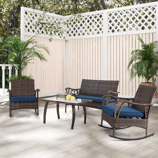 ANGELES HOME 4-Piece Wicker Rocking Set Patio Conversation Set with Navy Cushions Bungee Rope Seat, Coffee Table