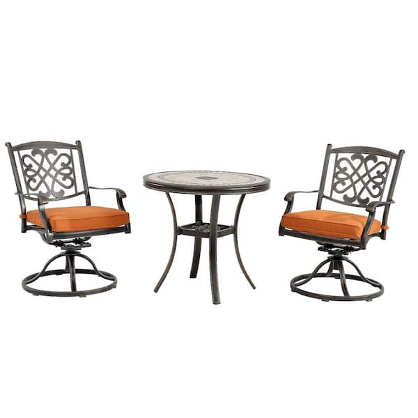 Mondawe Charcoal Gray 3-Pieces Cast Aluminum Round Tile-Top Table Outdoor Dining Set and Backrest Chairs with Orange Cushions