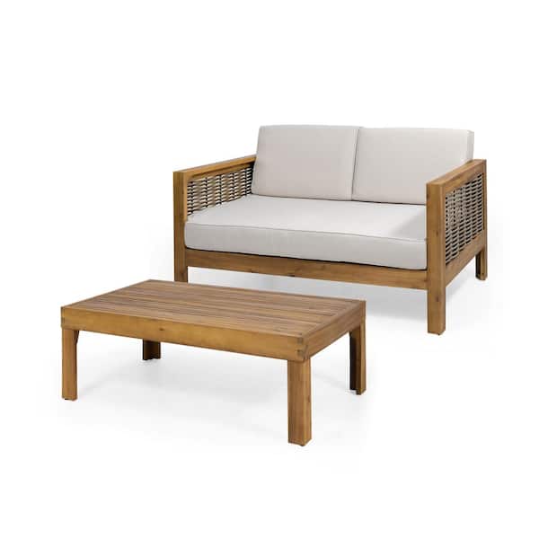 Noble House Randal Teak Acacia Wood and Mixed Brown Wicker Outdoor Patio Loveseat and Coffee Table Set with Beige Cushions
