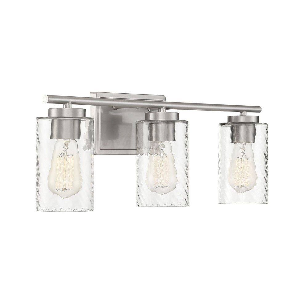 Transitional Brushed Nickel 3-Light Outdoor Bath Bar with Clear Swirl Glass