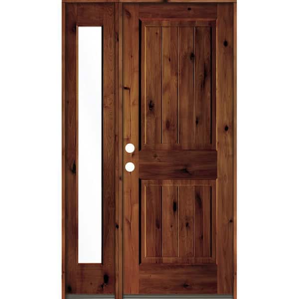 Krosswood Doors 46 in. x 80 in. Rustic Knotty Alder Right-Hand/Inswing Clear Glass Red Chestnut Stain Wood Prehung Front Door w/Sidelite