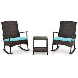 Brown 3-Piece Wicker Outdoor Bistro Set with Turquoise Cushions