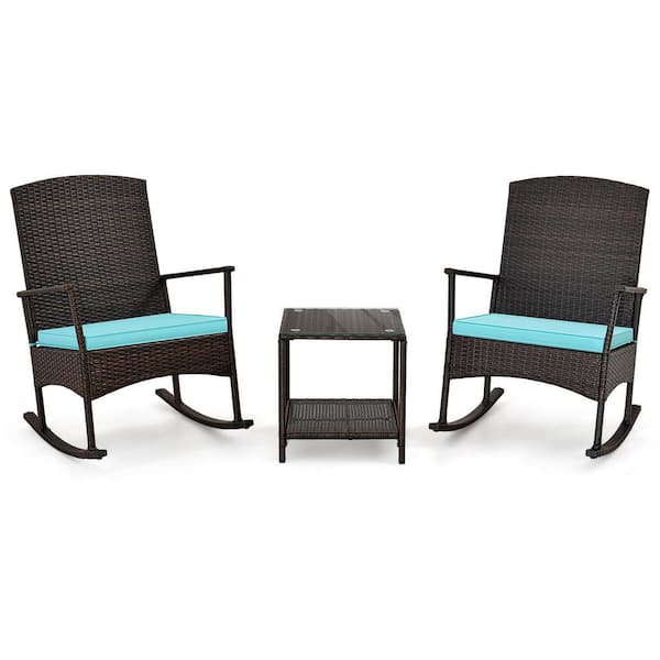 SUNRINX Brown 3-Piece Wicker Outdoor Bistro Set with Turquoise Cushions