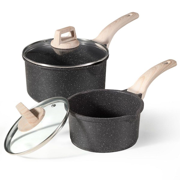 Nonstick Sauce Pan Set 1.5Qt and 2.6Qt Gray Titanium Coated Aluminum Induction Compatible Kitchen Cookware 1 Set