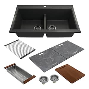 Baveno Lux Matte Black Granite Composite 33 in. Double Bowl Undermount Kitchen Sink w/Workstation Acc. & Covers