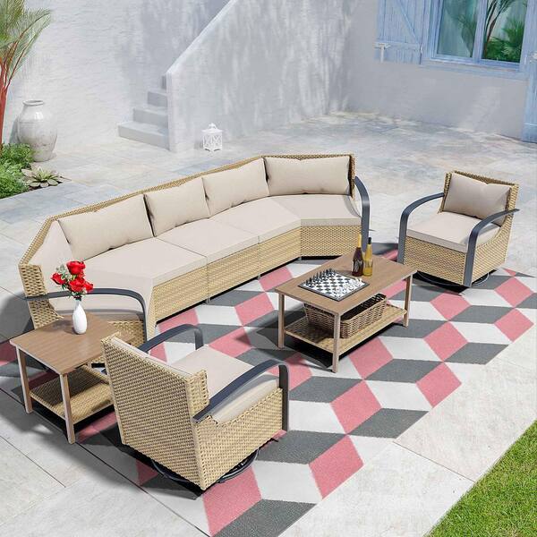 INMITOM 5-Piece Outdoor Patio Conversation Set with Beige Cushions, Seats 7, Includes Coffee Table