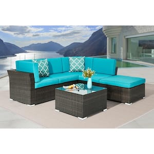 4-Pieces Rattan Wicker Outdoor Sofa Set Patio Conversation Furniture with Lake Blue Cushions and Coffee Table