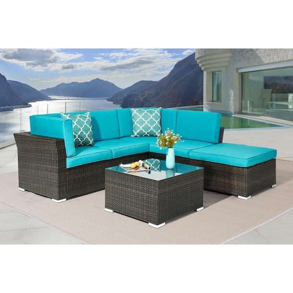 Sonkuki 4-Pieces Rattan Wicker Outdoor Sofa Set Patio Conversation Furniture with Lake Blue Cushions and Coffee Table