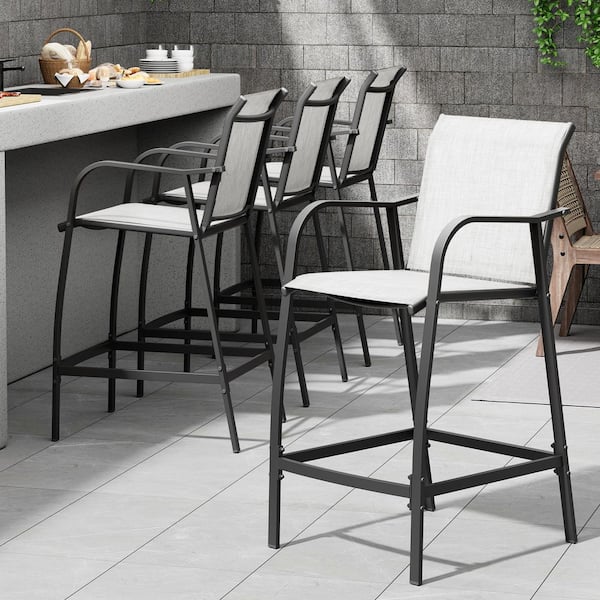 Set of 4 Metal Outdoor Bar Stools Counter Height Patio Bar Chairs in Gray and Brown