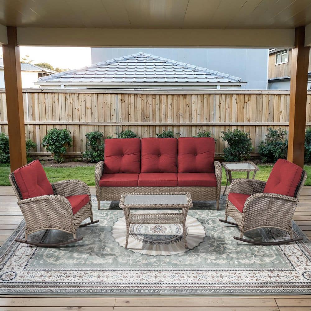 PlainCurve 5-Piece Gray Wicker Patio Conversation Set with Rocking Chairs and  Olefin Red Cushions price history on PriceWatchPro